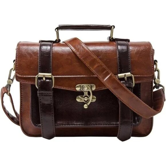 Women PU Leather Brown Satchel Small College Crossbody Messenger Bag